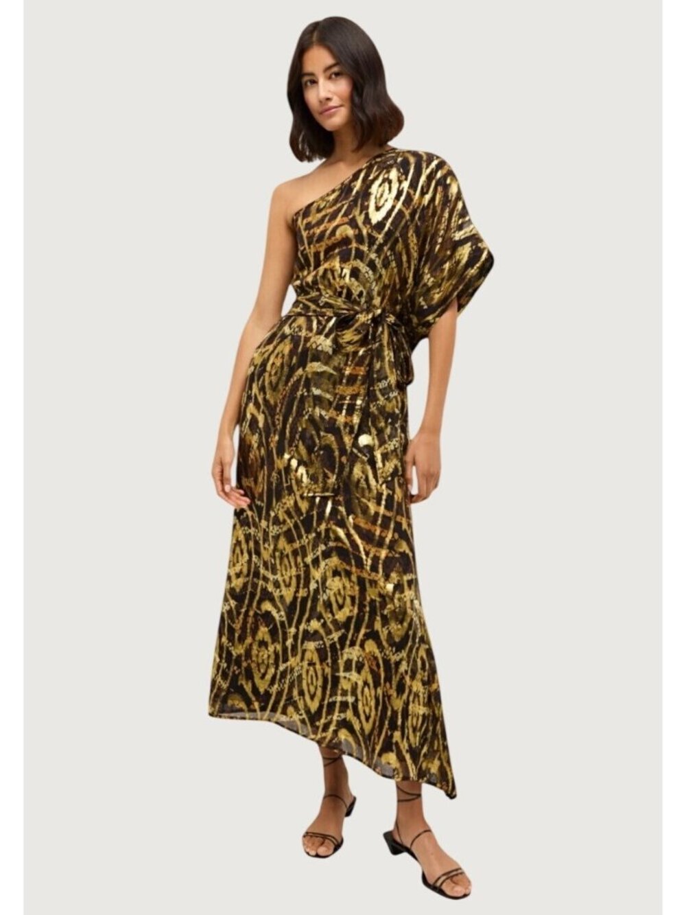 NEW $578 Marie Oliver Farrow Luxe Silk Metallic One-Shoulder Kaftan Maxi Dress - Picture 2 of 16